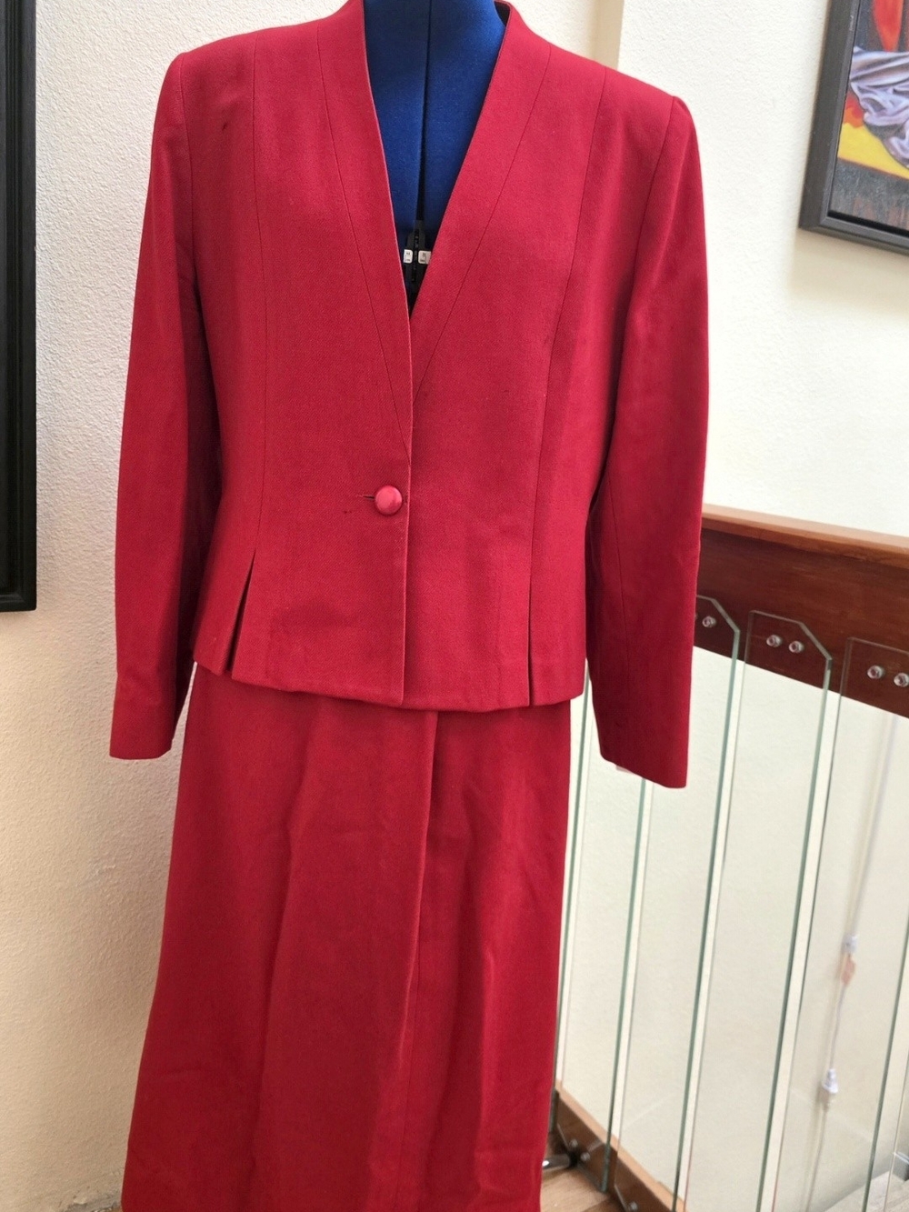Vintage Bert Newman II Red Wool Blend Skirt Suit Open Front Blazer Sz 16 80s 90s